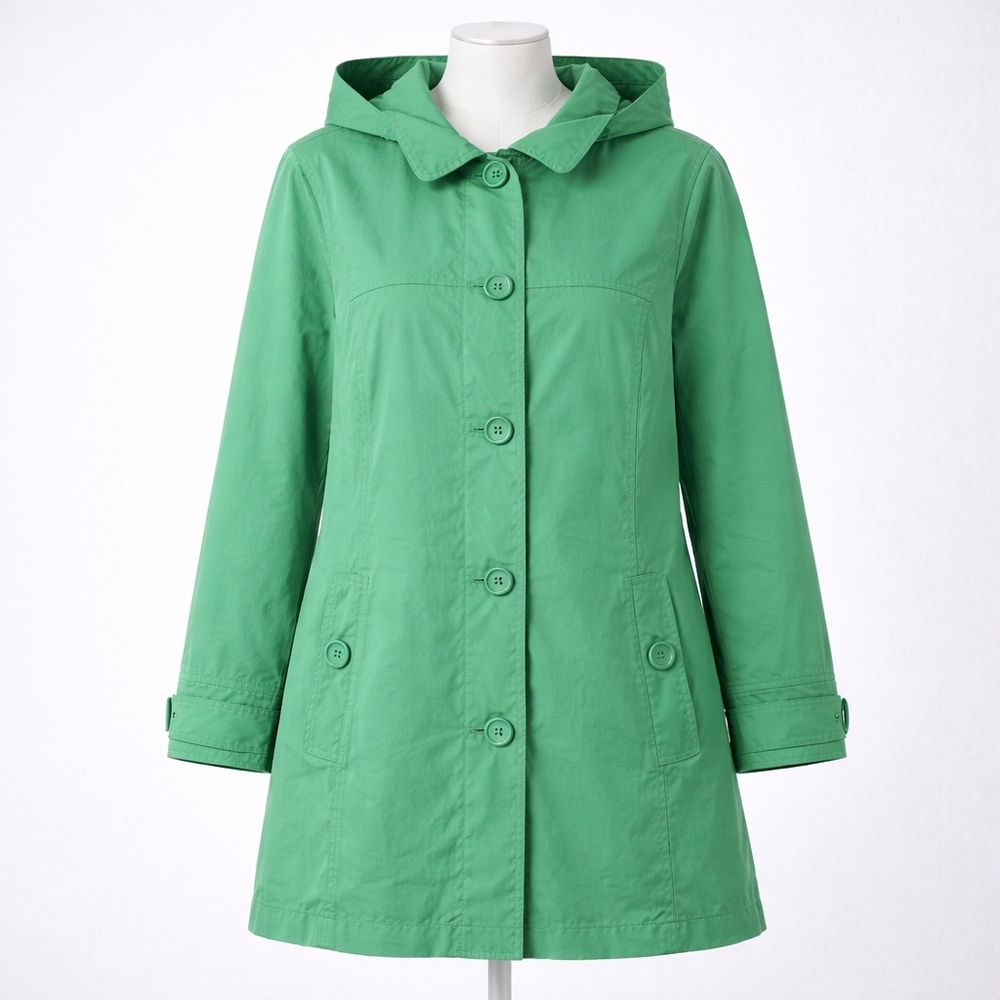 L.L. Bean Green Utility Chore Jacket Parka Floral Line Big Buttons Detach Hood